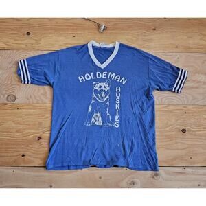 Holdeman Huskies Dog Graphic Blue V-Neck T-shirt Sz XL 80/90s